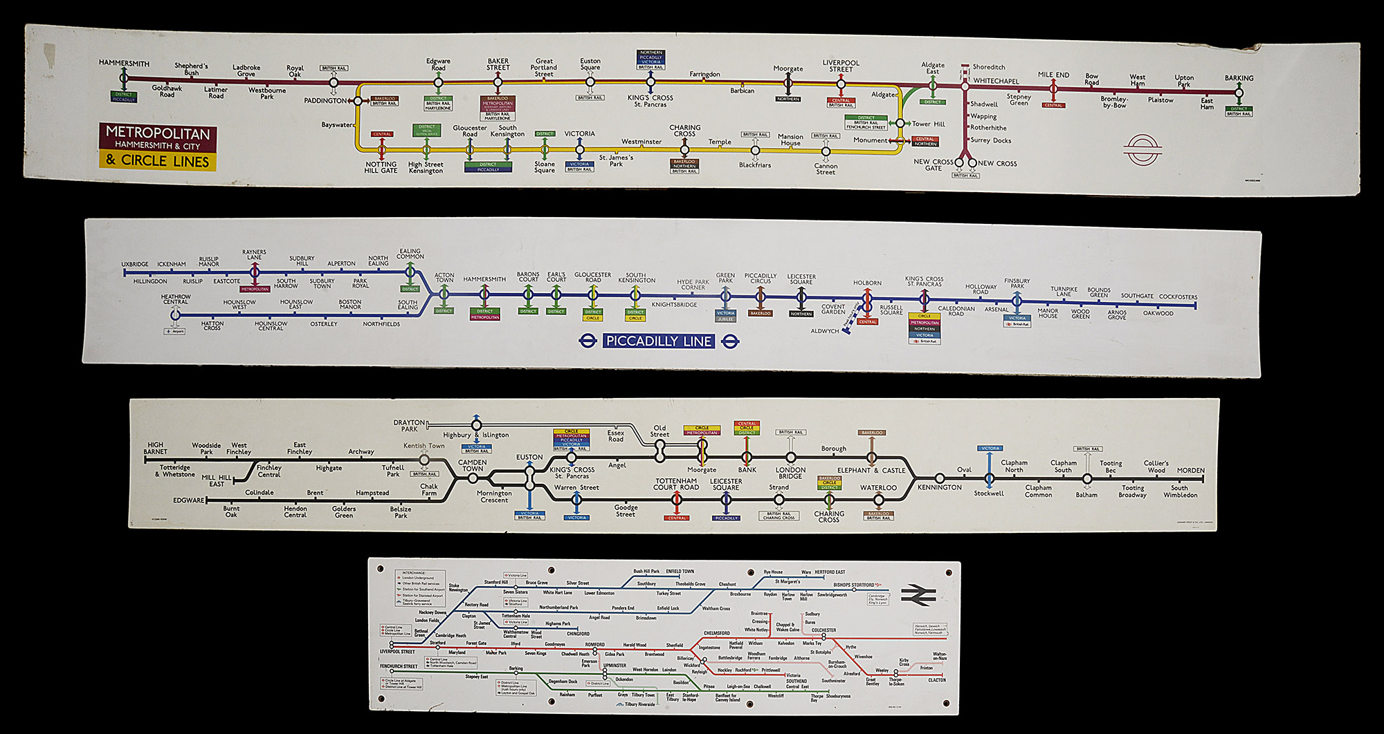 Four London Underground and National Rail carriage line diagrams