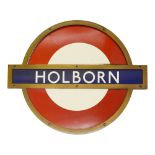 A London Underground Holborn enamel 'bullseye' roundel sign,in bronze frameheight 50cm, width 61.