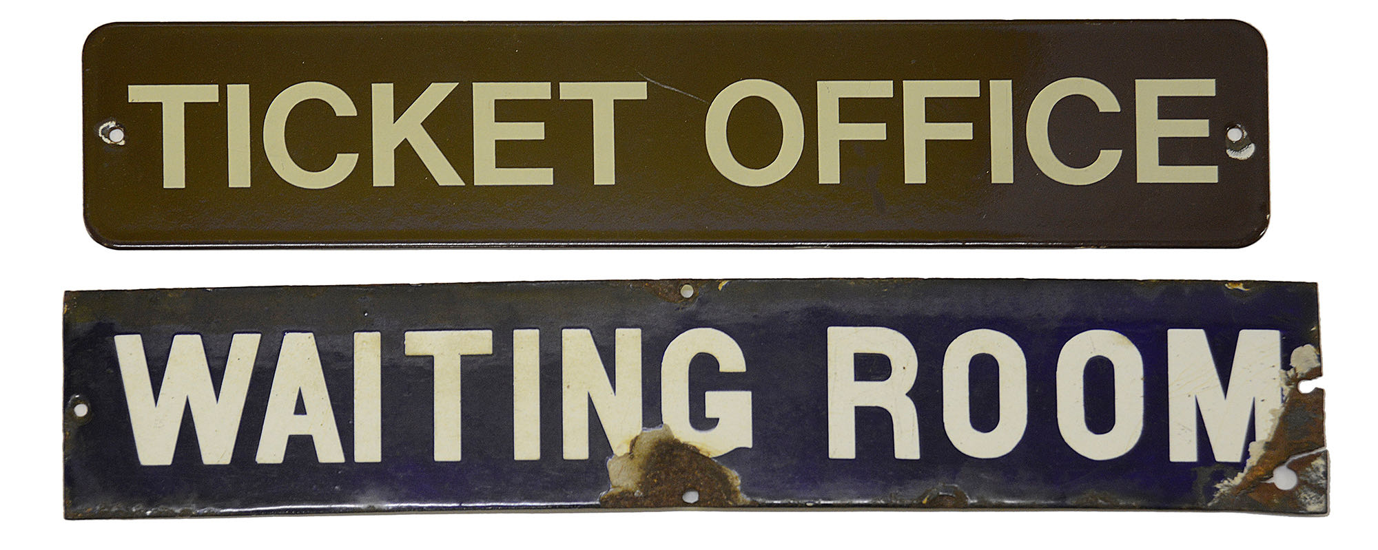 Two railway station enamel doorplate signs displaying 'TICKET OFFICE' and 'WAITING ROOM',the first