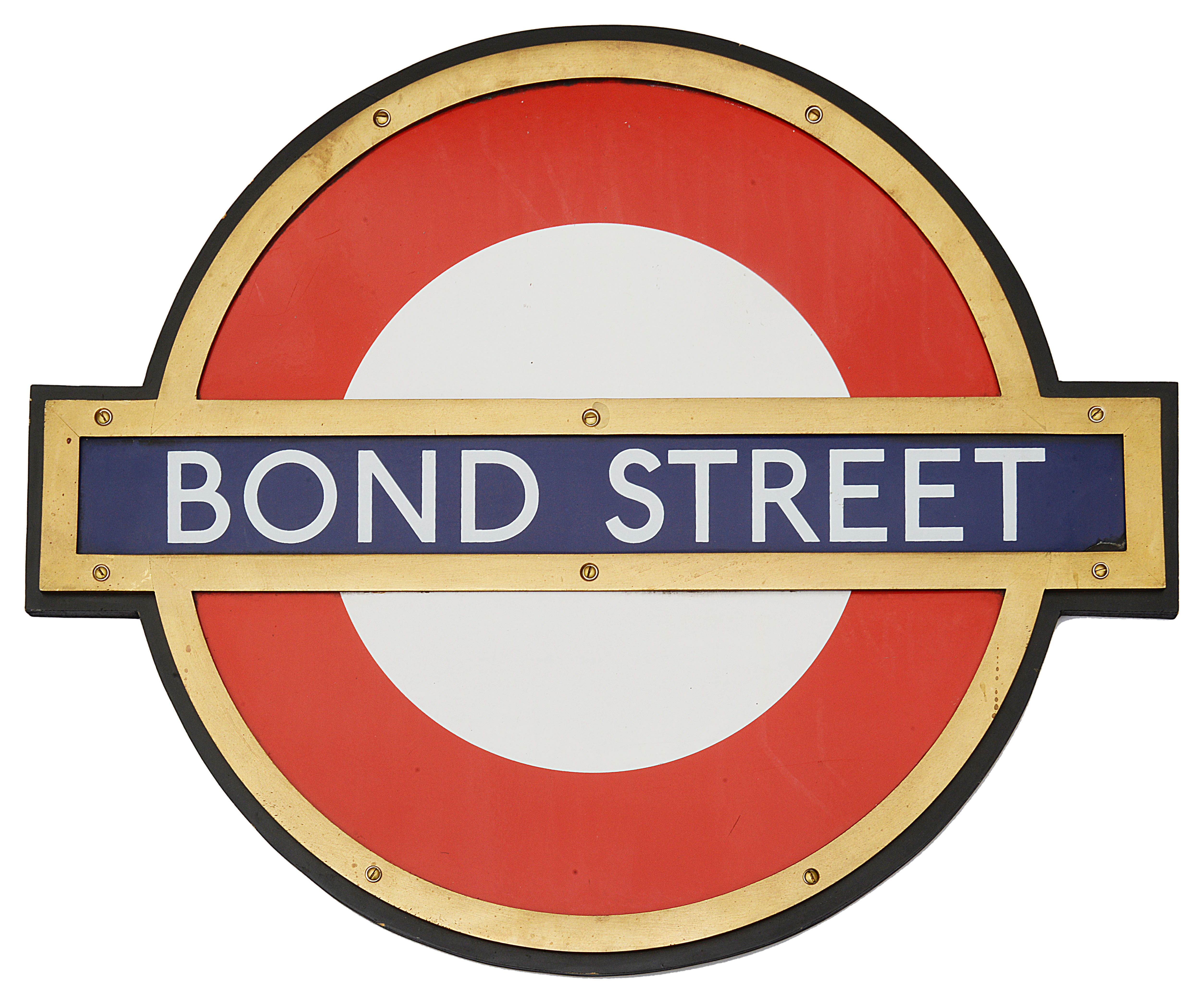 A London Underground Bond Street enamel 'bullseye' roundel sign,in bronze frame and mounted on