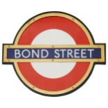 A London Underground Bond Street enamel 'bullseye' roundel sign,in bronze frame and mounted on