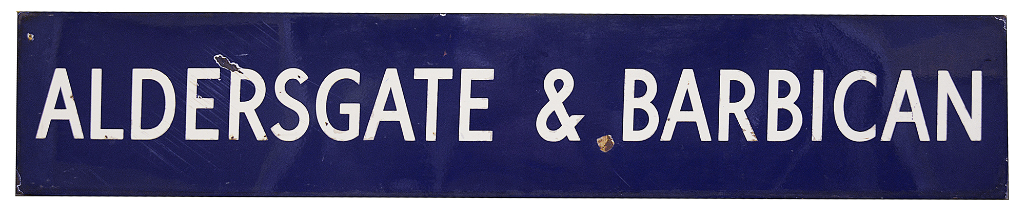 A London Underground enamel station sign for Aldersgate & Barbican,mid-20th century, with white