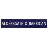 A London Underground enamel station sign for Aldersgate & Barbican,mid-20th century, with white