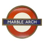 A London Underground Marble Arch enamel 'bullseye' roundel sign,with bronze frameheight 50.5cm,