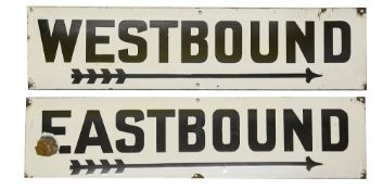 Two early 20th century railway station enamel directional signs displaying 'WESTBOUND' and '