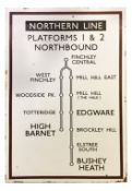 A 1930s London Underground enamel direction sign from East Finchley station displaying 'NORTHERN