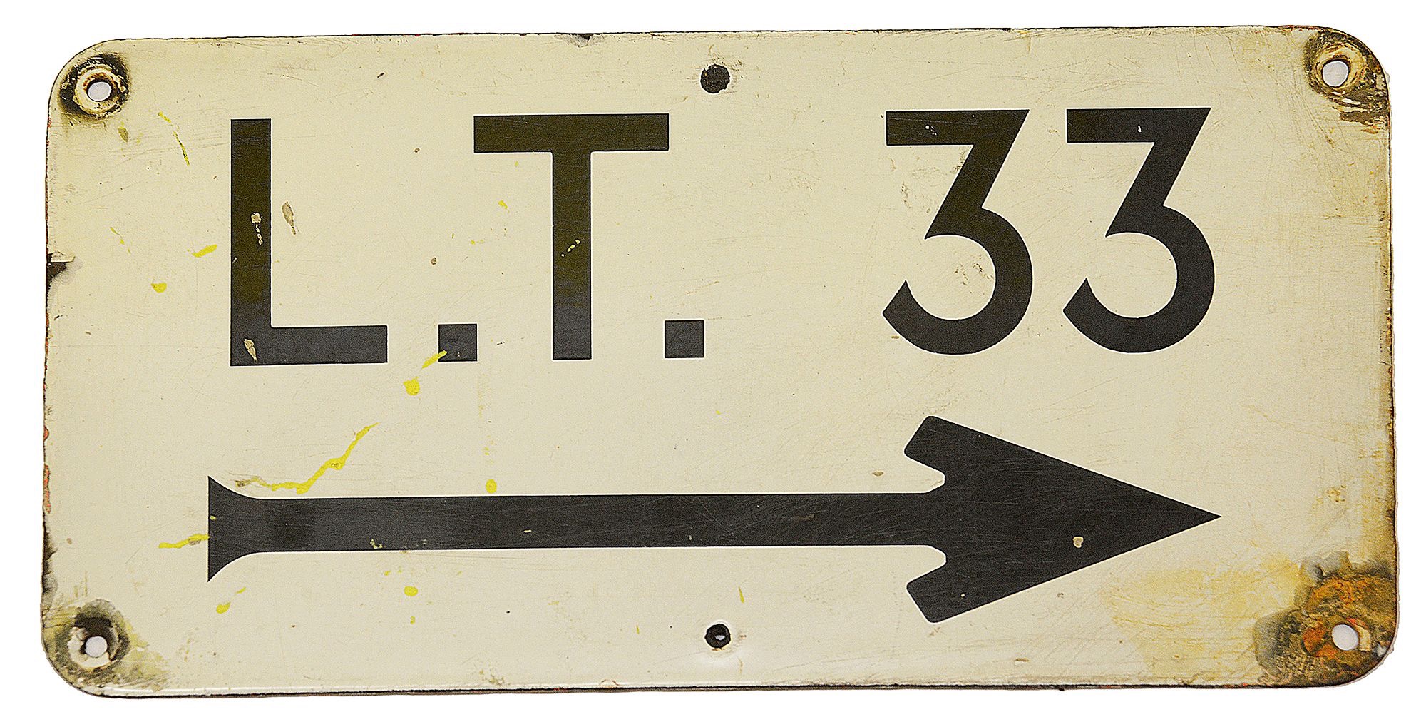 An enamel directional sign displaying 'L.T. 33'