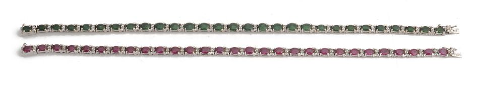 A ruby and diamond line bracelet and a matching emerald bracelet
