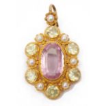 A Georgian pink topaz and green chrysoberyl cannetille pendant