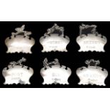 A set of six modern silver decanter labels
