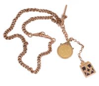 A Victorian 9ct gold Albert chain and sovereign and Masonic fobs