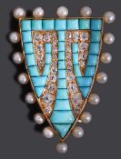 A mid Victorian turquoise, diamond and pearl brooch