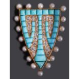 A mid Victorian turquoise, diamond and pearl brooch