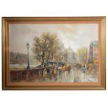 Salvadore Demone (Italian, b.1928) 'Parisian street scene with view of the Seine', oil on canvas