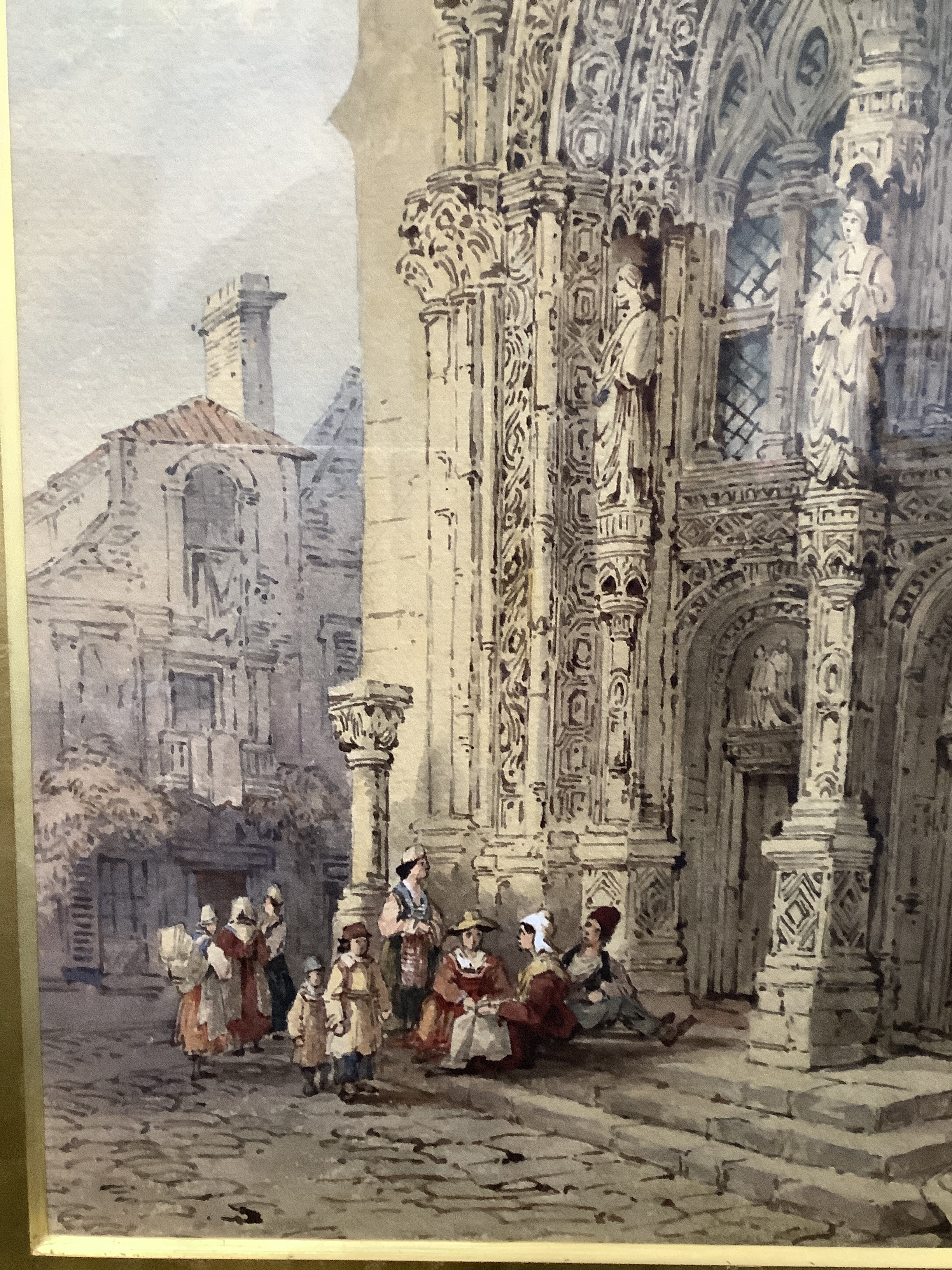 Manner of Samuel Prout (Brit., 1783-1852), 'Cathedral door with figures', watercolour - Image 2 of 6