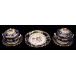 A pair of Coalport sauce tureens and stands and a dessert plate c.1820