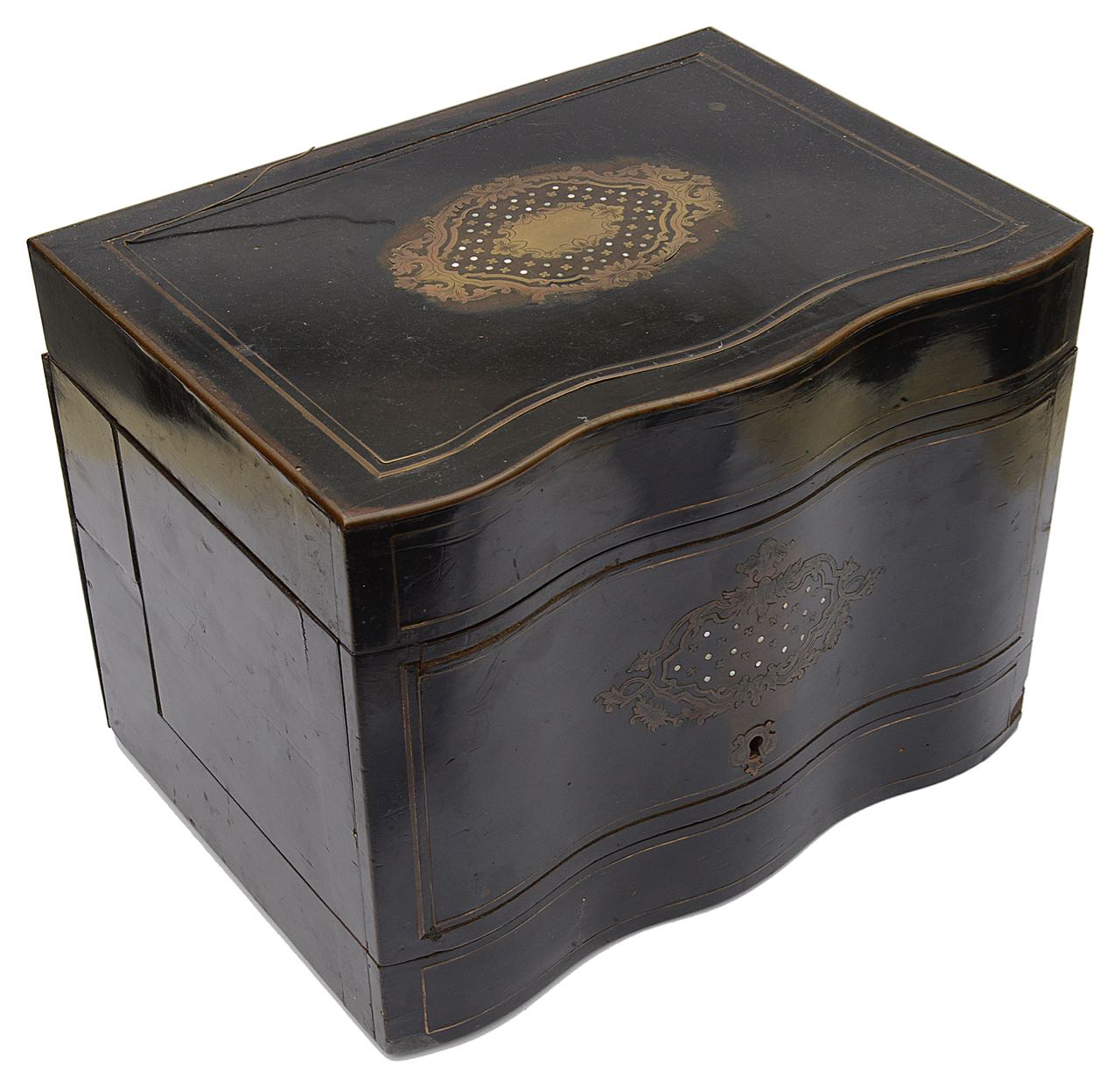 A 19th c. Fr. ebonised brass and mother of pearl inlaid decanter box,