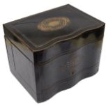 A 19th c. Fr. ebonised brass and mother of pearl inlaid decanter box,