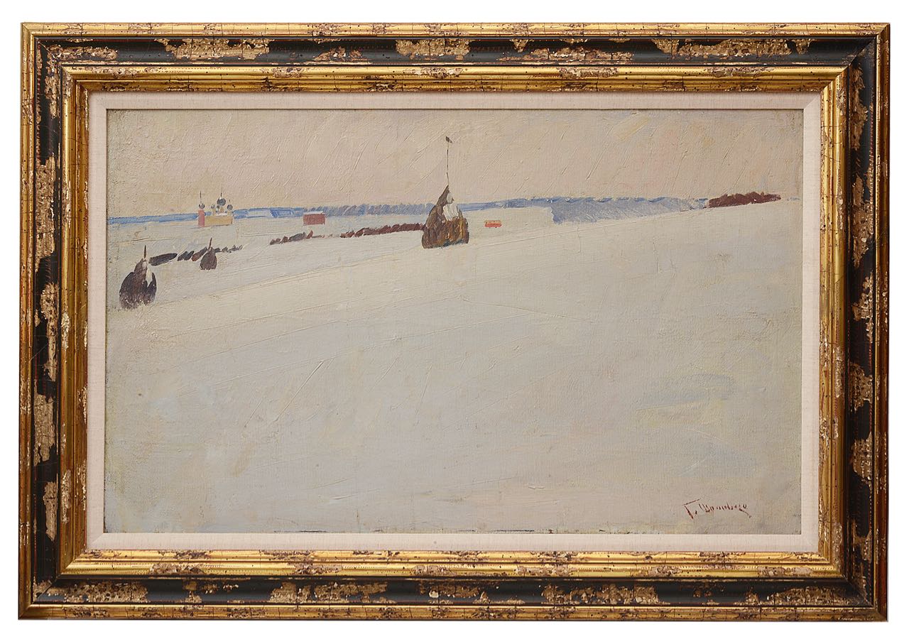 Russian school (20th c.) 'Snow scene with church', oil on canvas