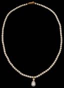A delicate cultured pearl and pearl and diamond drop necklace