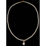 A delicate cultured pearl and pearl and diamond drop necklace