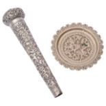 A late 19th c. Indian Colonial Kutch silver umbrella / walking cane handle c.1900 and a pin dish