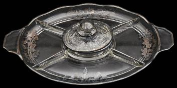 A 1930s American silver overlay Cambridge glass twin handled hors d'oeuvres dish