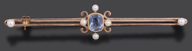 An Edwardian aquamarine and pearl set brooch