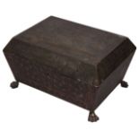A Regency gilt decorated black lacquer sarcophagus shaped work box