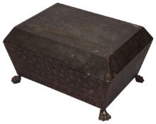 A Regency gilt decorated black lacquer sarcophagus shaped work box
