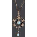 An Edwardian opal and seed pearl pendant on chain