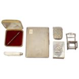 A George VI silver engine turned cigarette case and other silver items