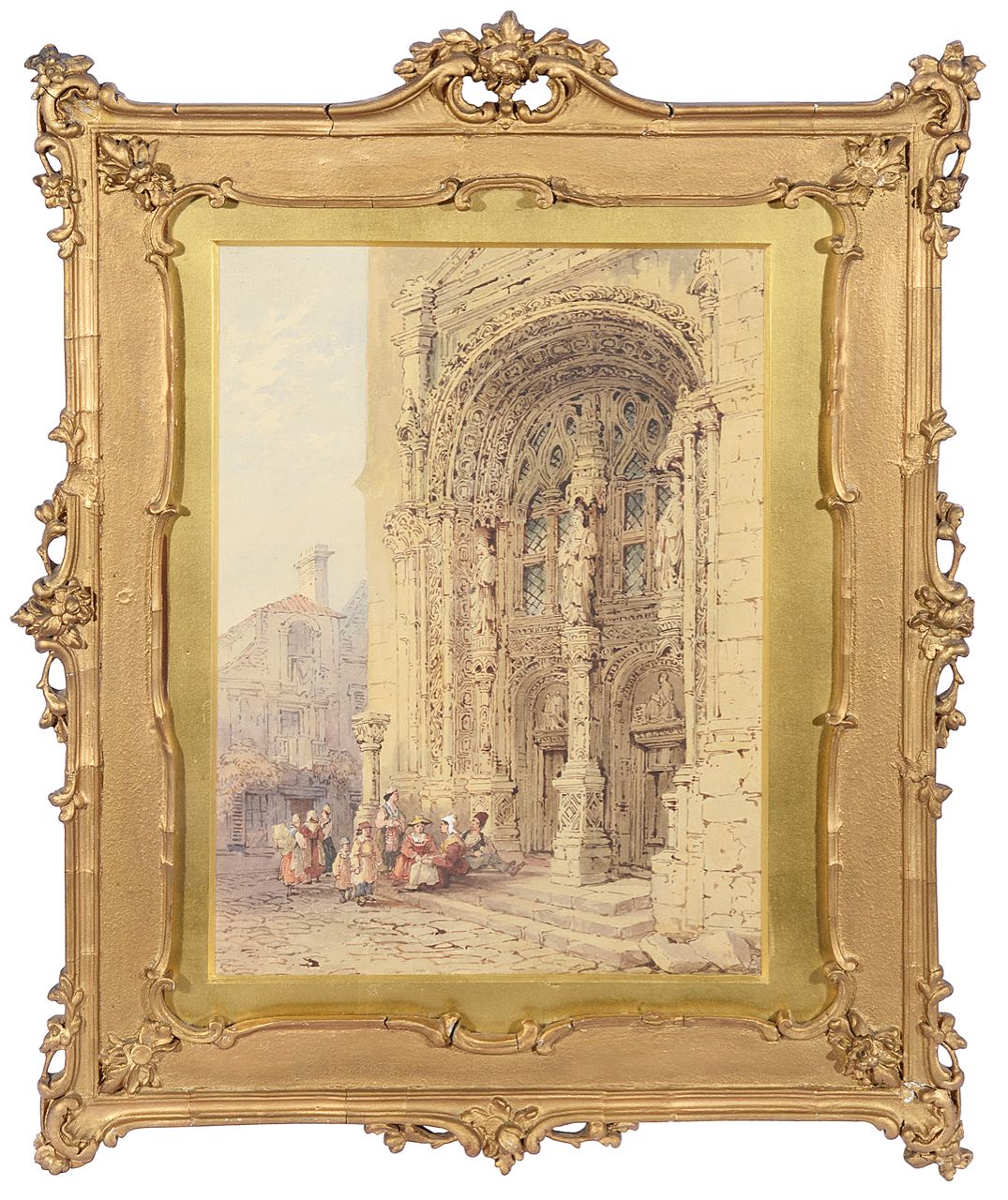 Manner of Samuel Prout (Brit., 1783-1852), 'Cathedral door with figures', watercolour