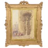 Manner of Samuel Prout (Brit., 1783-1852), 'Cathedral door with figures', watercolour