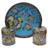Early 20th c. Chinese cloisonnŽ enamel covered jars; Japanese Meiji period cloisonnŽ enamel charger