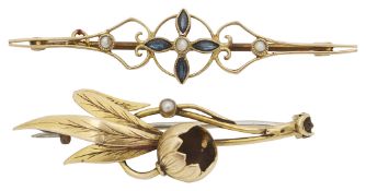 An Edwardian sapphire and seed pearl brooch and another