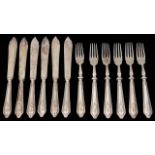 A set of six modern silver fish knives and forks