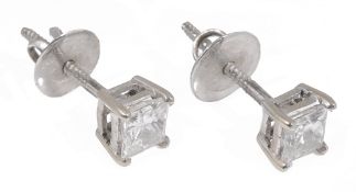 A pair of rectangular princess-cut diamond earrings