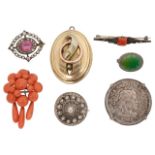 A Victorian coral drop brooch and six other brooches