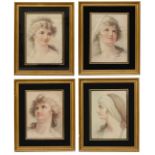 A set of four early 19th c. colour stipple engraving portraits of young women c.1810