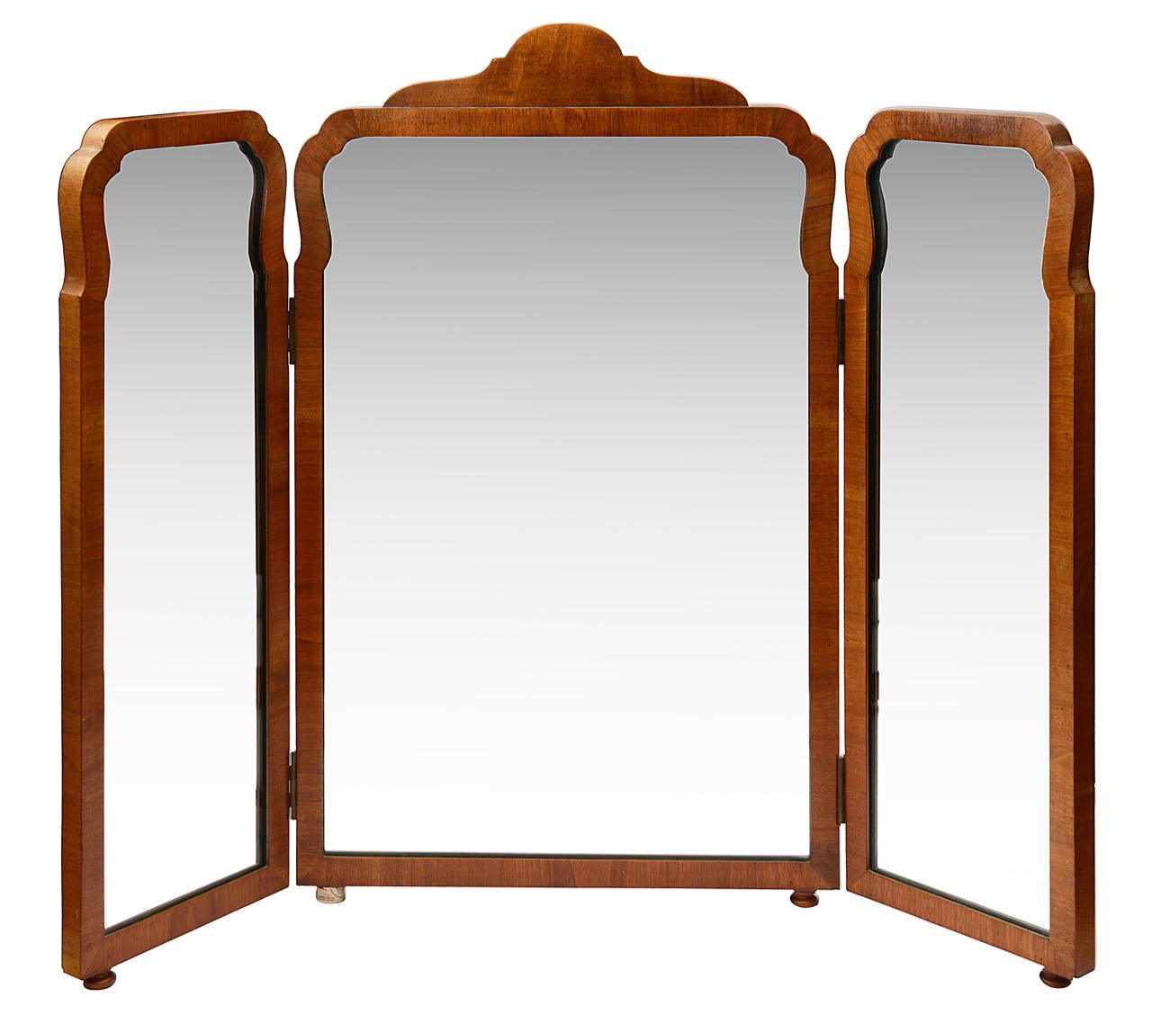 Two early 20th c. Queen Anne style walnut triptych dressing table mirrors, (2)