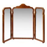 Two early 20th c. Queen Anne style walnut triptych dressing table mirrors, (2)