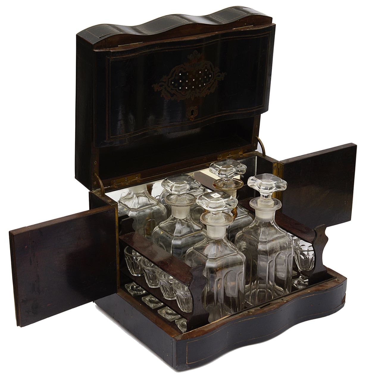 A 19th c. Fr. ebonised brass and mother of pearl inlaid decanter box, - Image 2 of 2