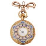 A Continental ladies gold and enamel half hunter fob watch