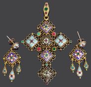 A 19th c. Fr. Bressan enamel silver gilt pendant cross and ear drops