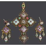 A 19th c. Fr. Bressan enamel silver gilt pendant cross and ear drops