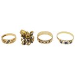 Four various sapphire set rings