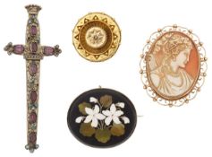 A Victorian pietra dura floral brooch and three others