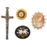 A Victorian pietra dura floral brooch and three others