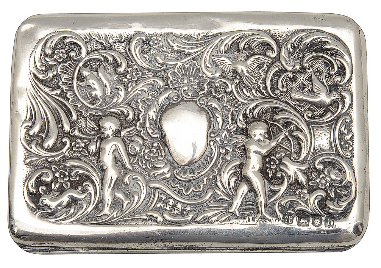 A late Victorian silver cigarette case, a George V silver hand mirror and a scent bottle - Image 2 of 3